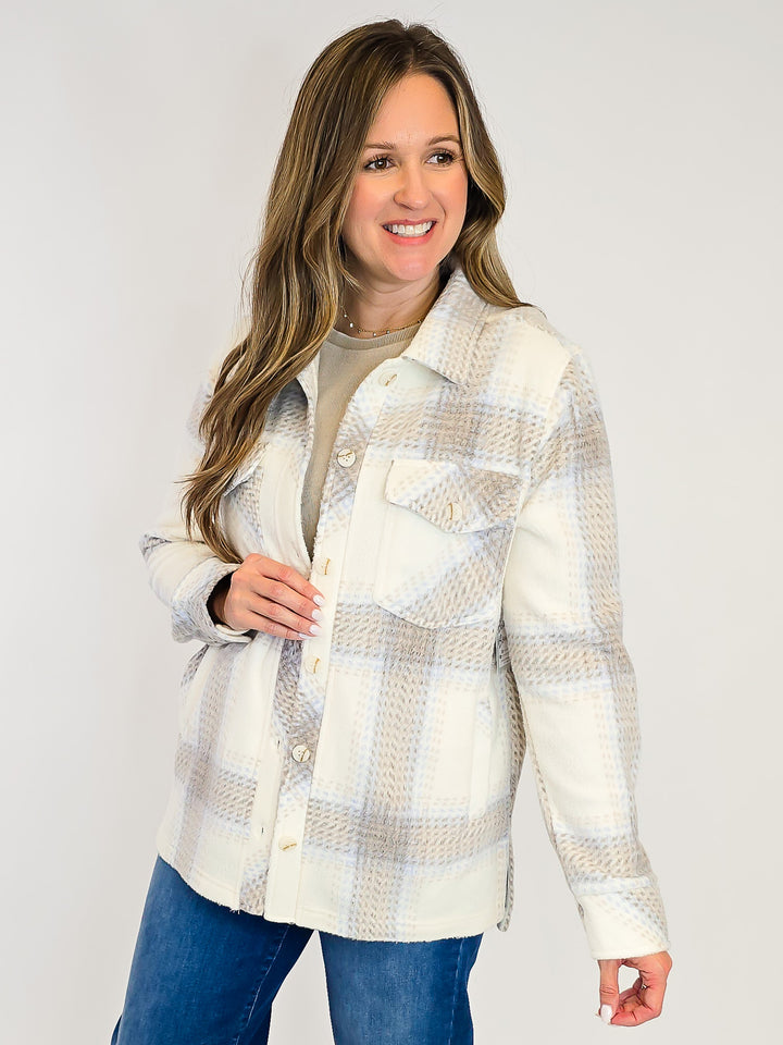 BUTTON UP PLAID PLUSH SHACKET - IVORY/ LIGHT BROWN