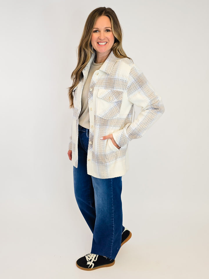 BUTTON UP PLAID PLUSH SHACKET - IVORY/ LIGHT BROWN