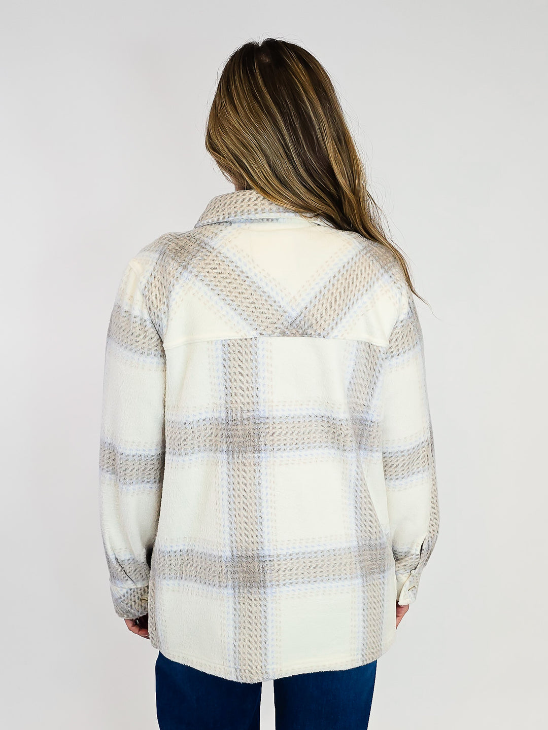 BUTTON UP PLAID PLUSH SHACKET - IVORY/ LIGHT BROWN