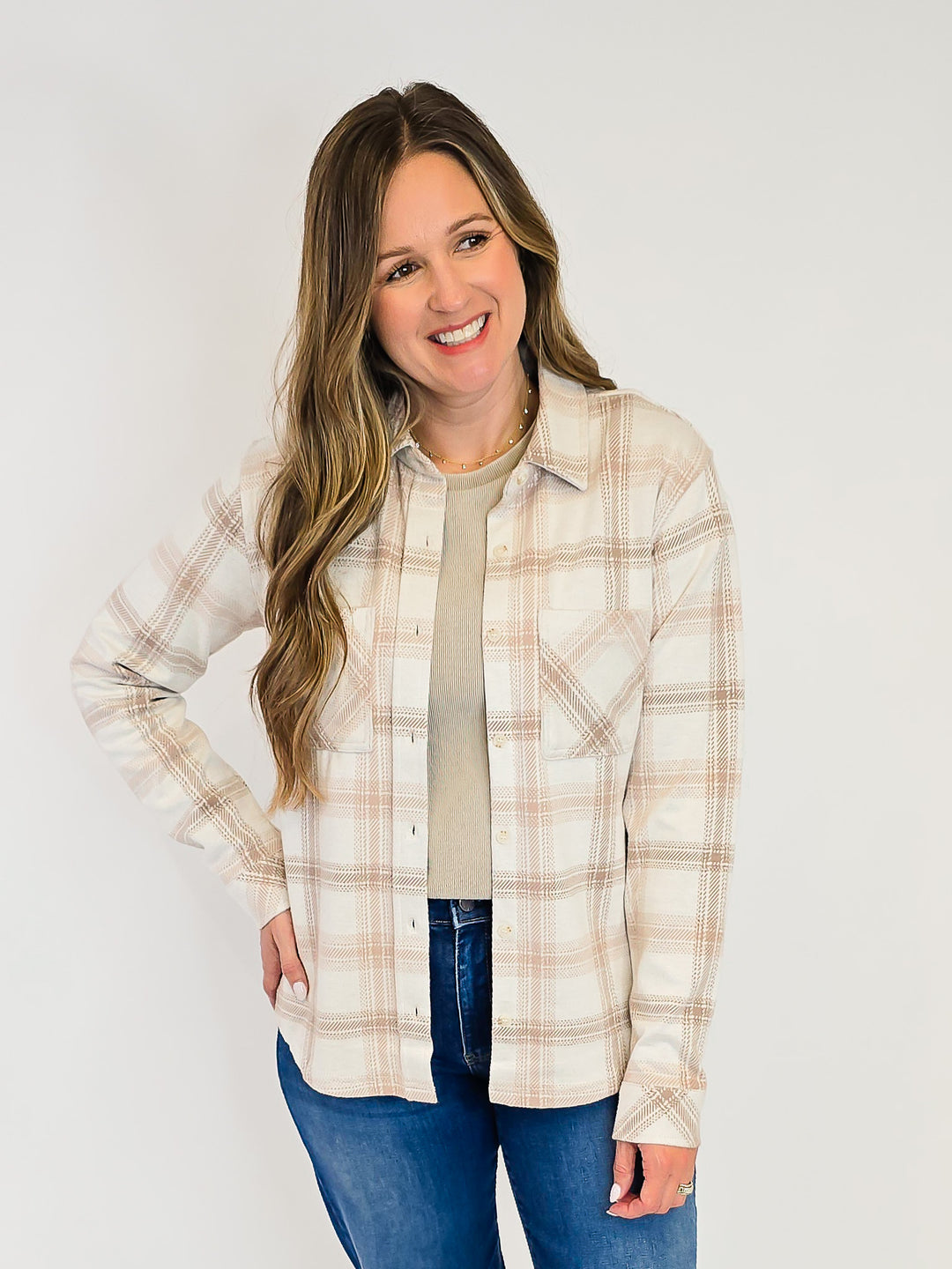 COLLARD BUTTON UP PLAID SAJA SHACKET - MAUVE TAUPE