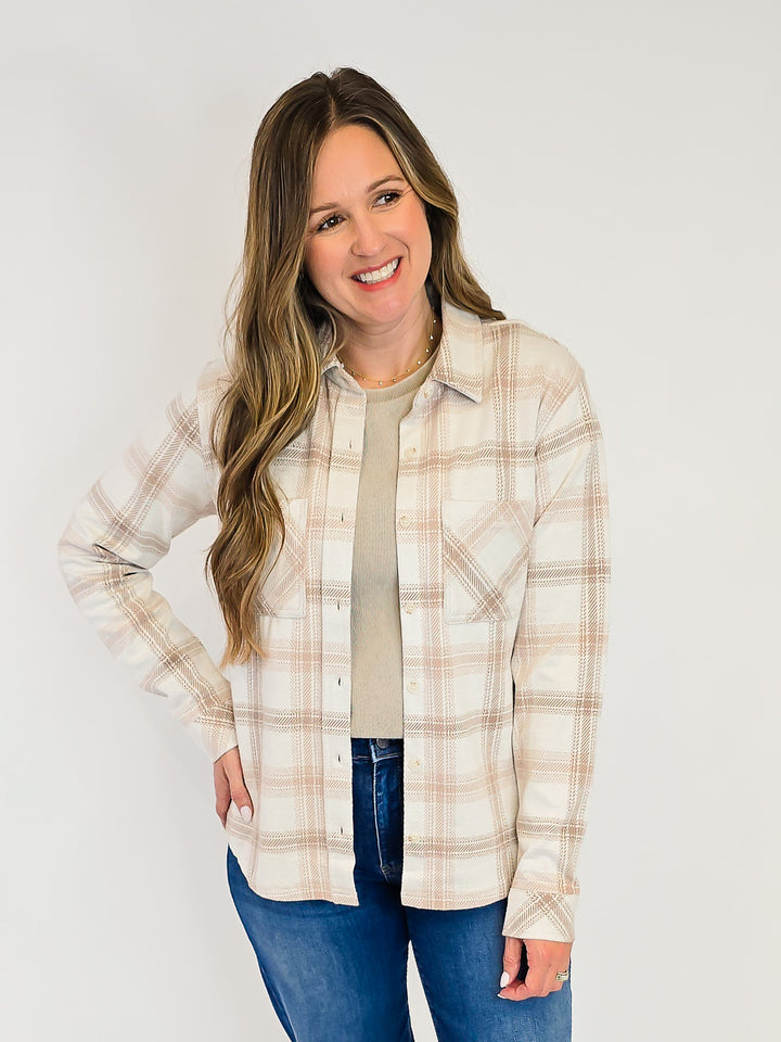COLLARD BUTTON UP PLAID SAJA SHACKET - MAUVE TAUPE