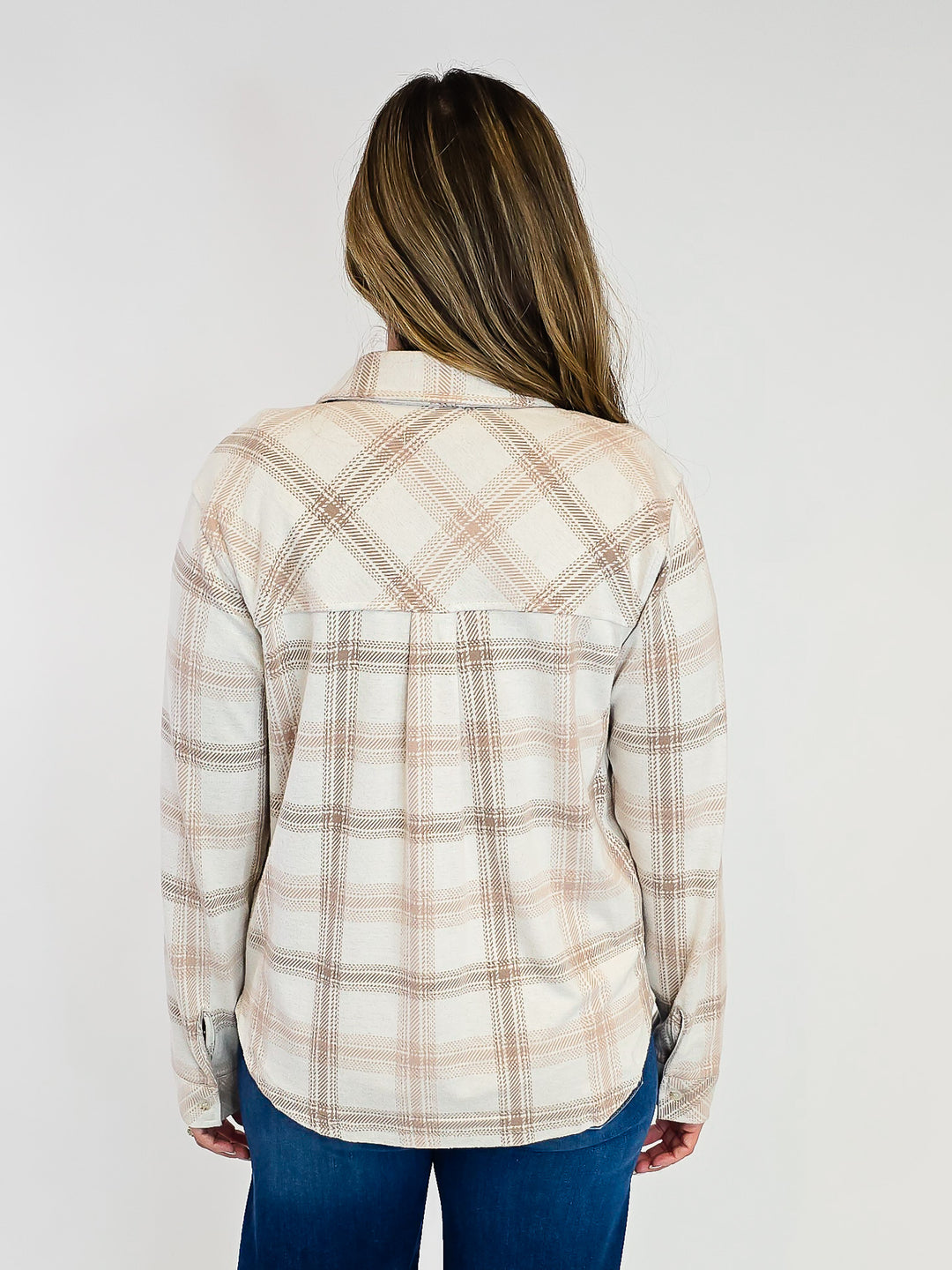 COLLARD BUTTON UP PLAID SAJA SHACKET - MAUVE TAUPE