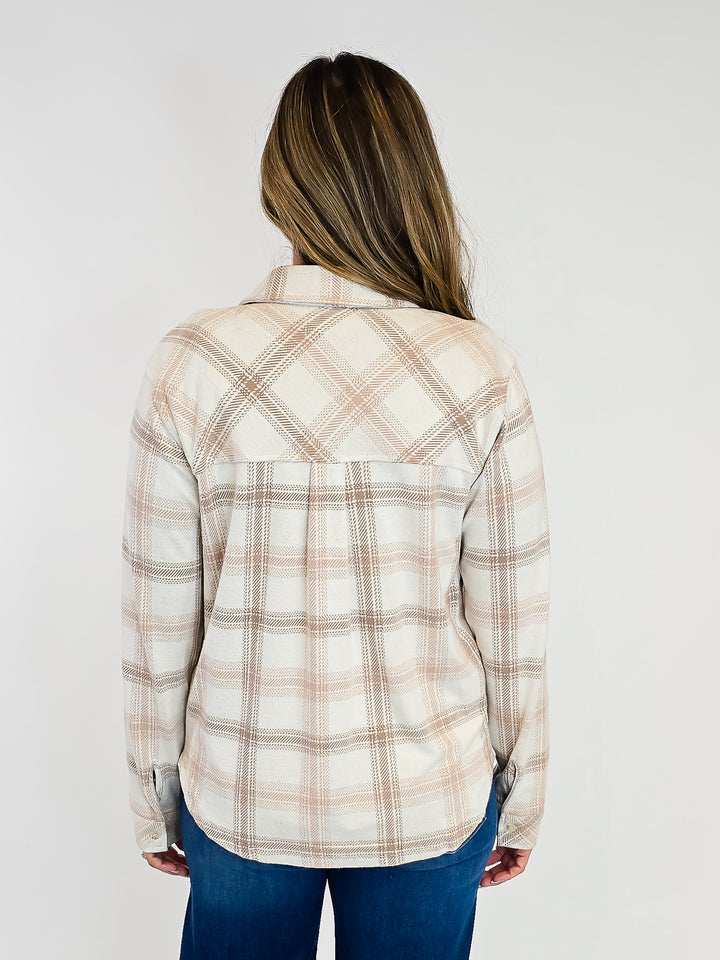COLLARD BUTTON UP PLAID SAJA SHACKET - MAUVE TAUPE