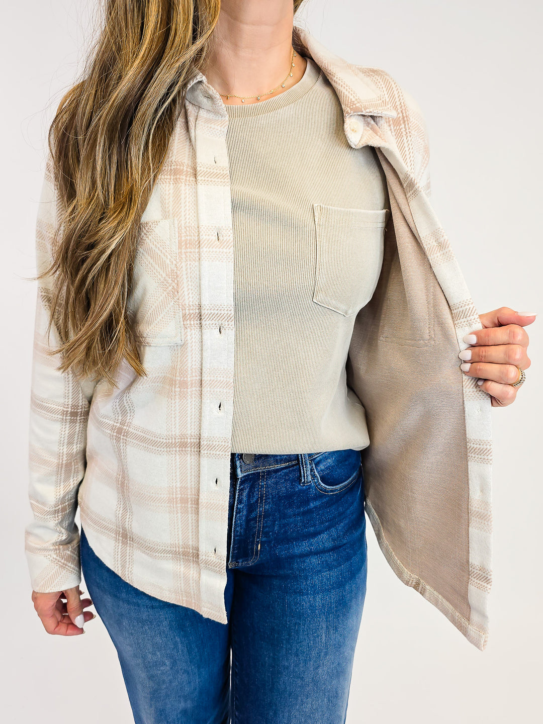 COLLARD BUTTON UP PLAID SAJA SHACKET - MAUVE TAUPE