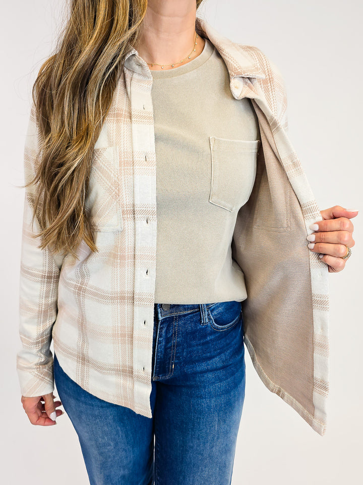 COLLARD BUTTON UP PLAID SAJA SHACKET - MAUVE TAUPE