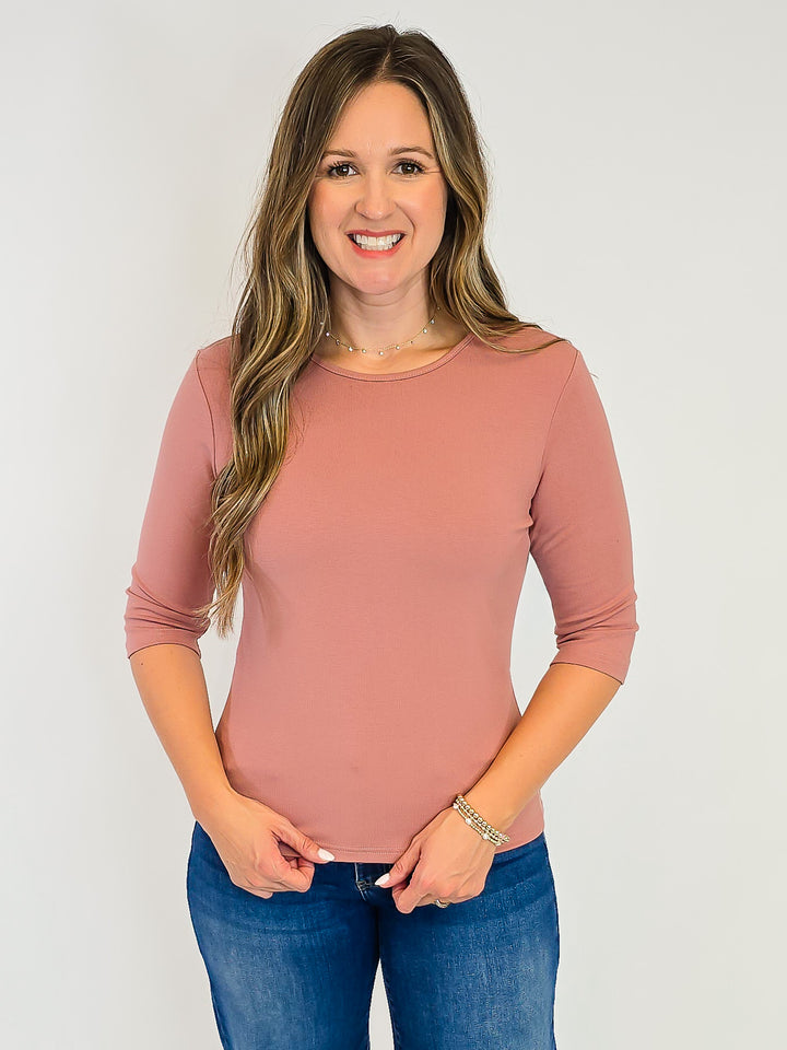 ELBOW SLEEVE SOLID KNIT TOP - ROSE