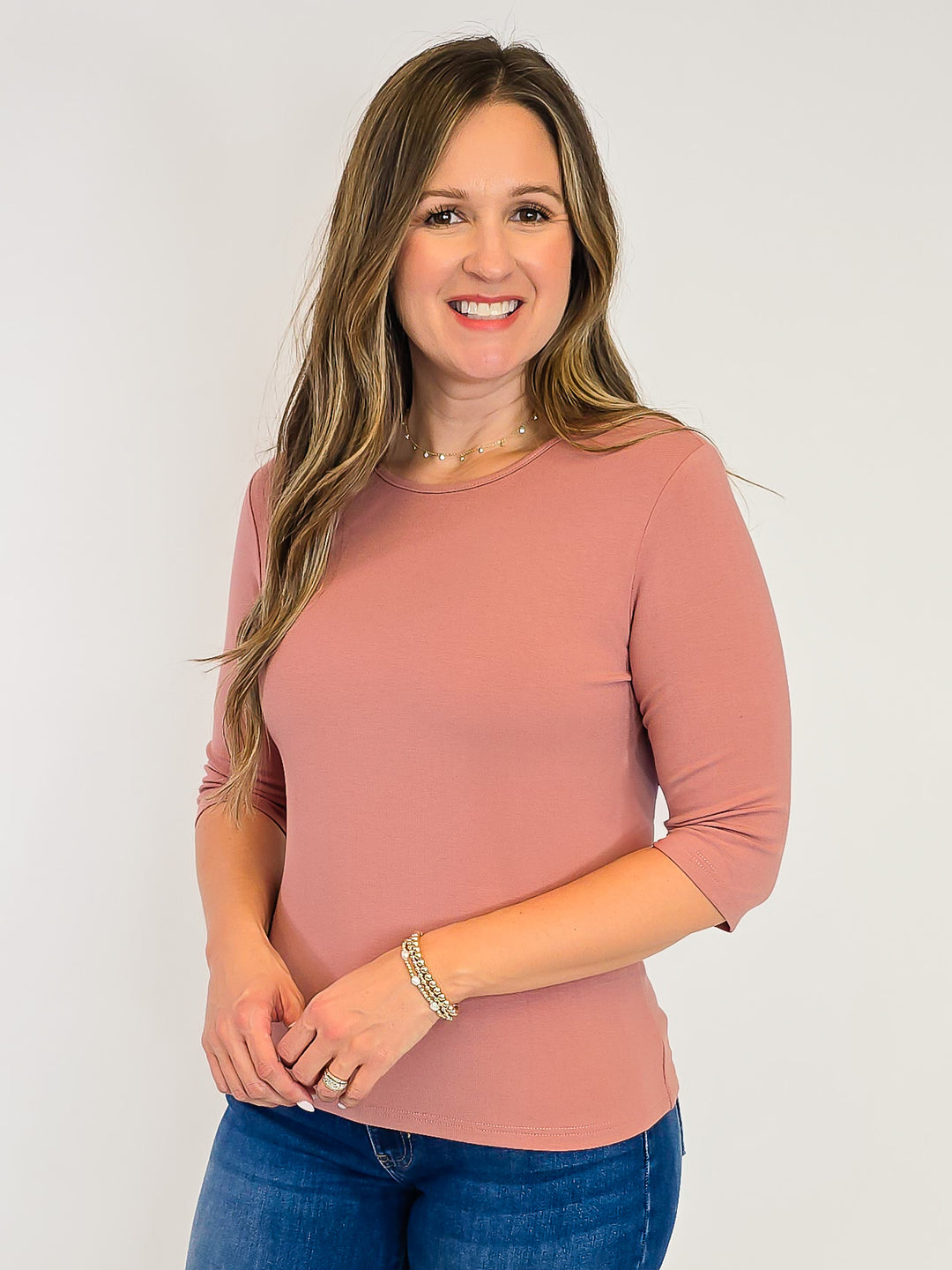 ELBOW SLEEVE SOLID KNIT TOP - ROSE