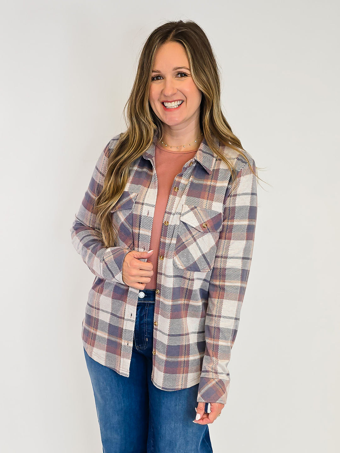 COLLARED BUTTON UP PLAID CASSIAN SHACKET - VINTAGE INDIGO