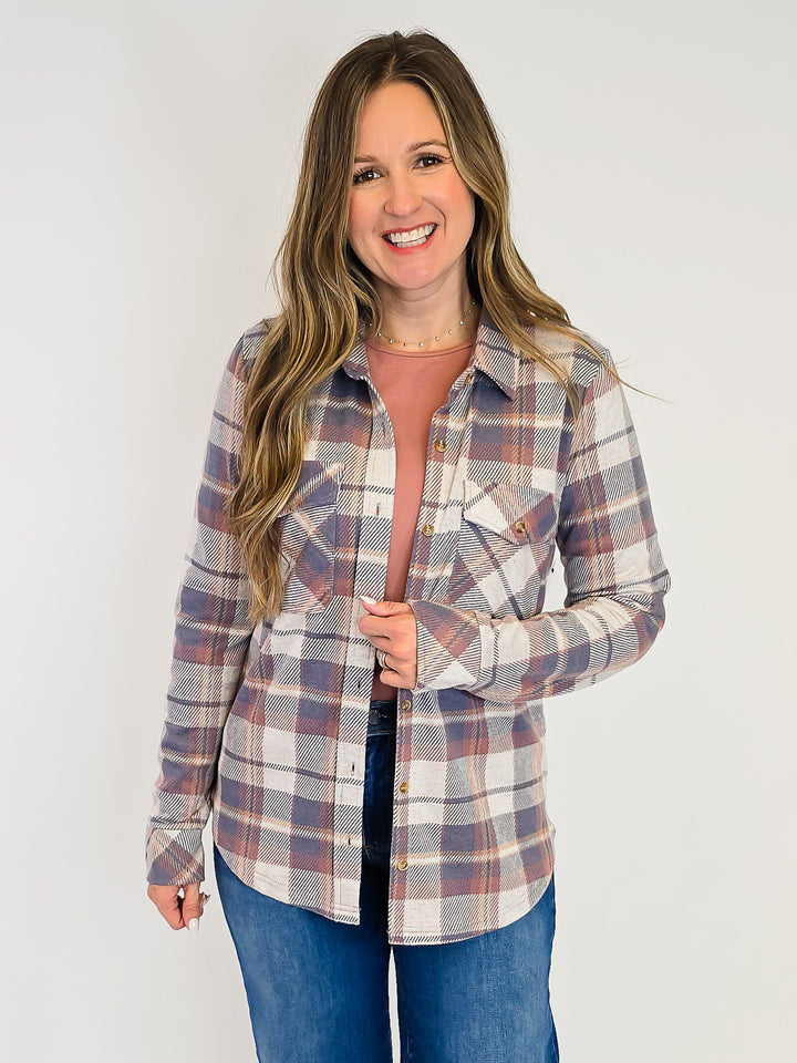COLLARED BUTTON UP PLAID CASSIAN SHACKET - VINTAGE INDIGO
