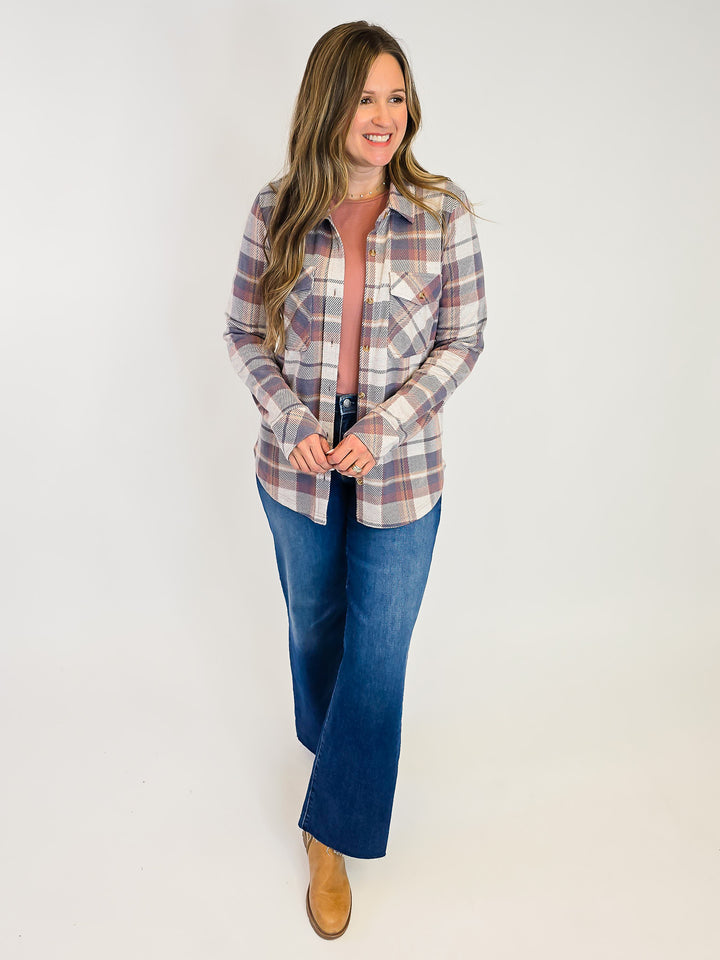 COLLARED BUTTON UP PLAID CASSIAN SHACKET - VINTAGE INDIGO