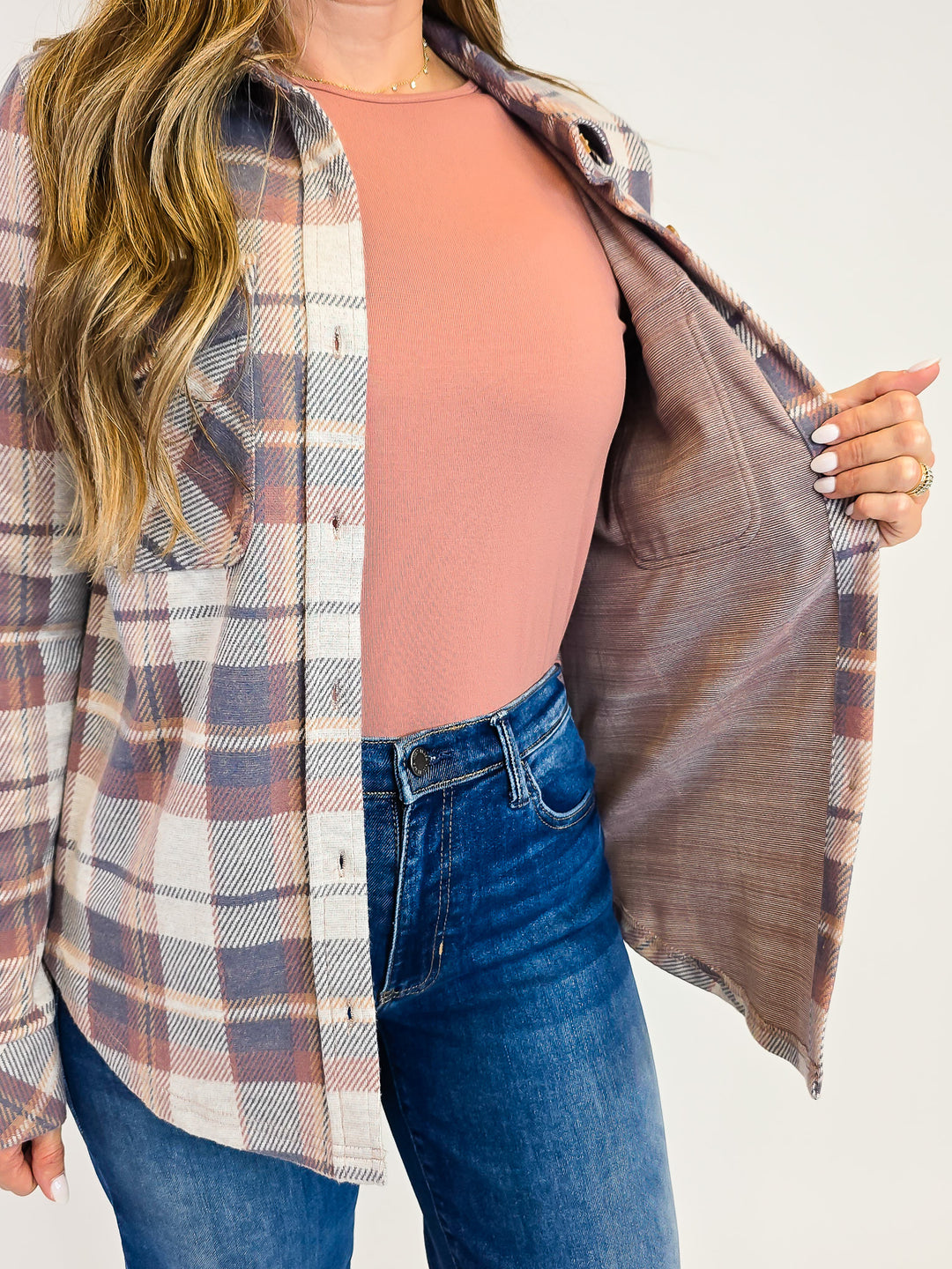 COLLARED BUTTON UP PLAID CASSIAN SHACKET - VINTAGE INDIGO