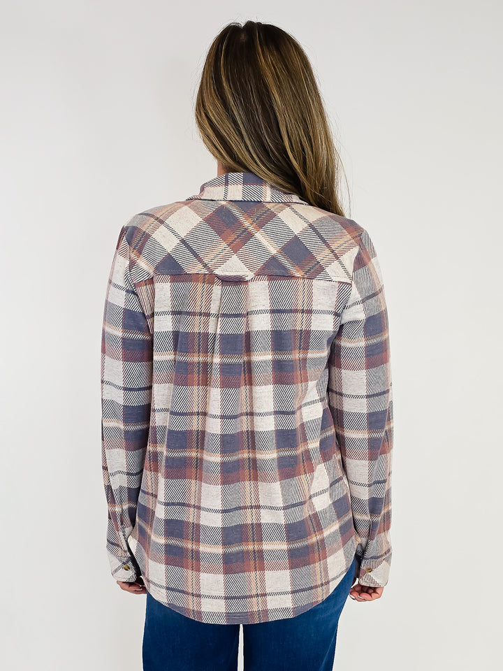 COLLARED BUTTON UP PLAID CASSIAN SHACKET - VINTAGE INDIGO