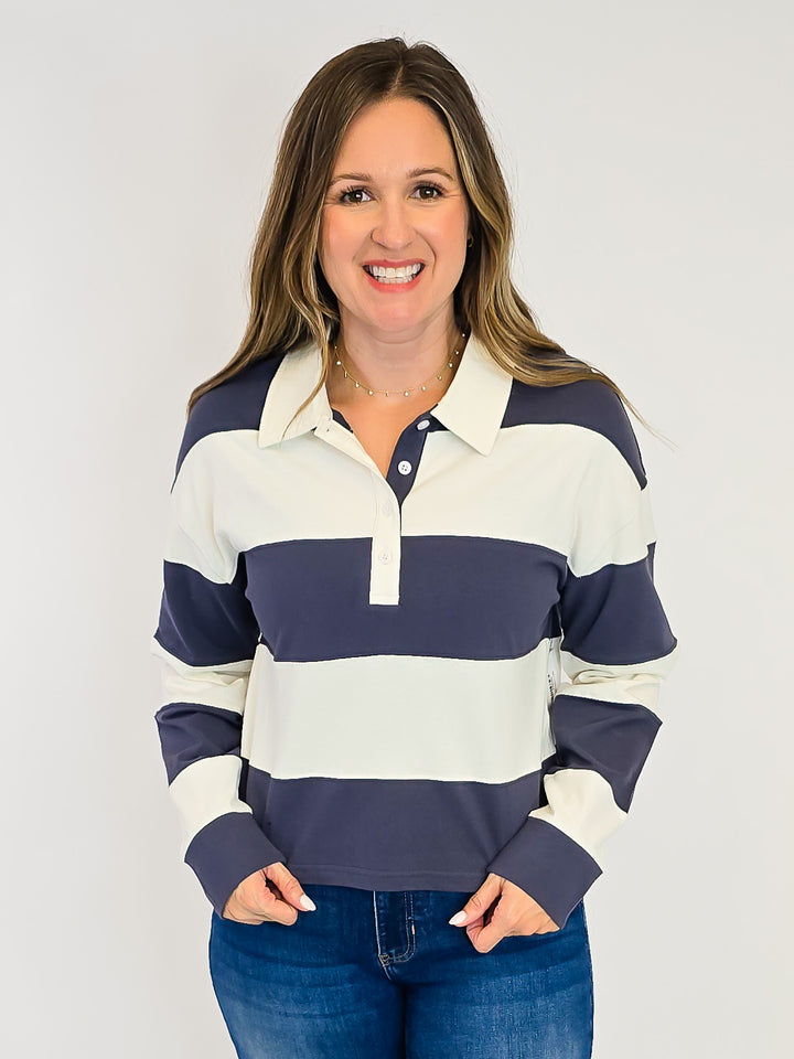 WIDE STRIPED COLLARED DELTA TOP - NAVY IVORY