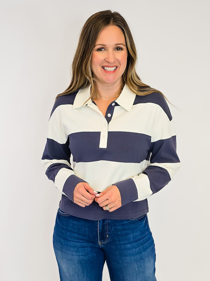 WIDE STRIPED COLLARED DELTA TOP - NAVY IVORY