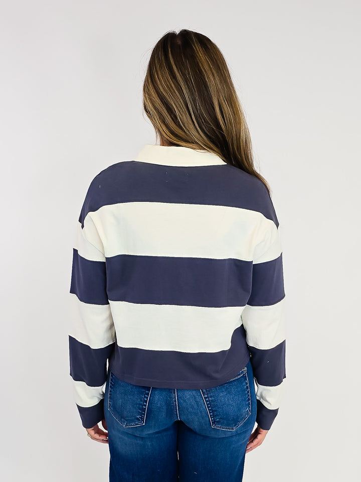 WIDE STRIPED COLLARED DELTA TOP - NAVY IVORY