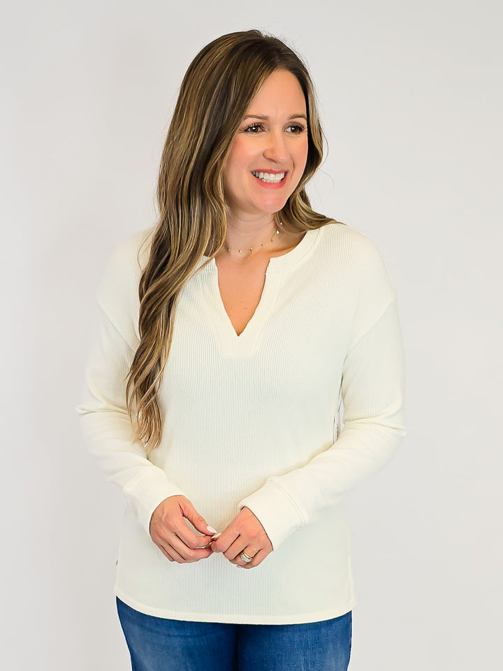 LONG SLEEVE SOFT TEXTURED ETHEL TOP - IVORY