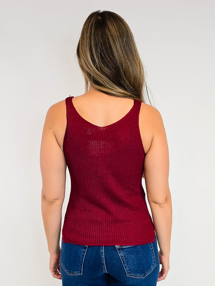 V-NECK KNIT TANK TOP - WINE