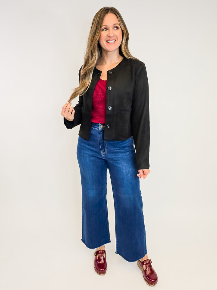 SUEDE BUTTON DOWN JACKET - BLACK