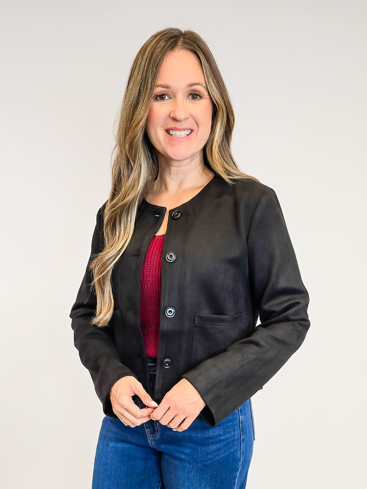 SUEDE BUTTON DOWN JACKET - BLACK