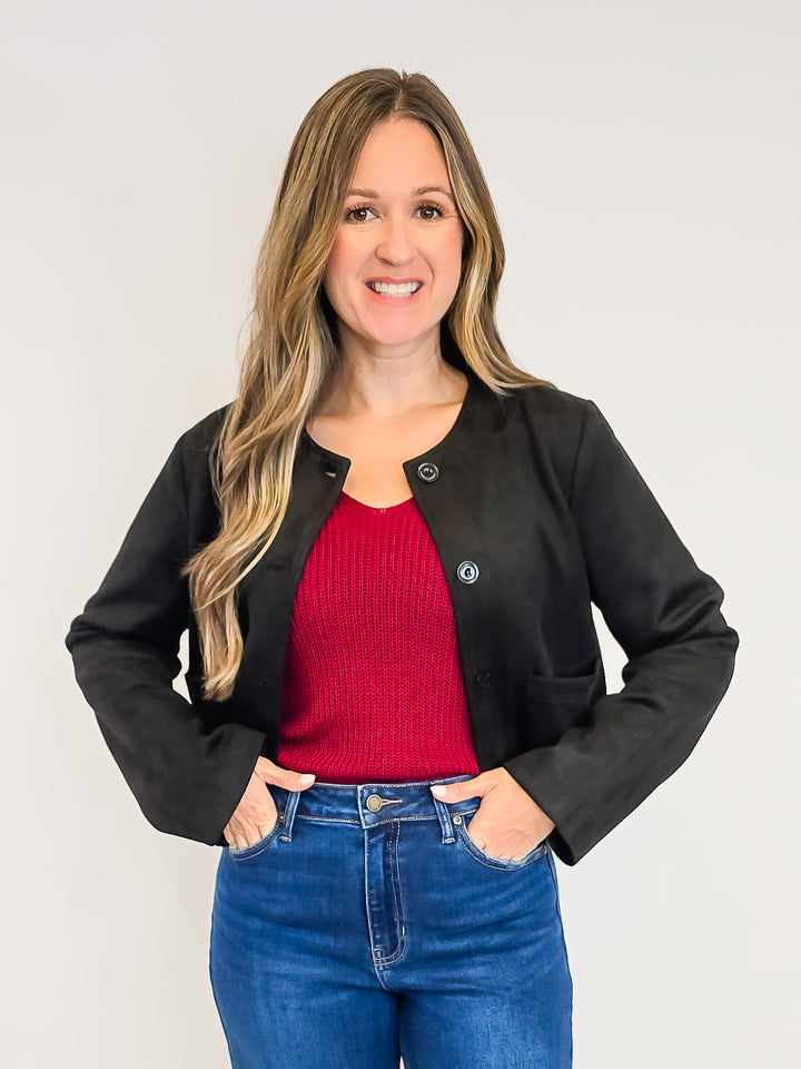 SUEDE BUTTON DOWN JACKET - BLACK