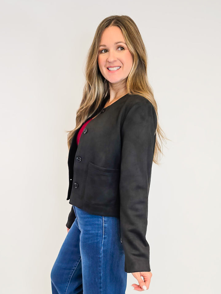 SUEDE BUTTON DOWN JACKET - BLACK