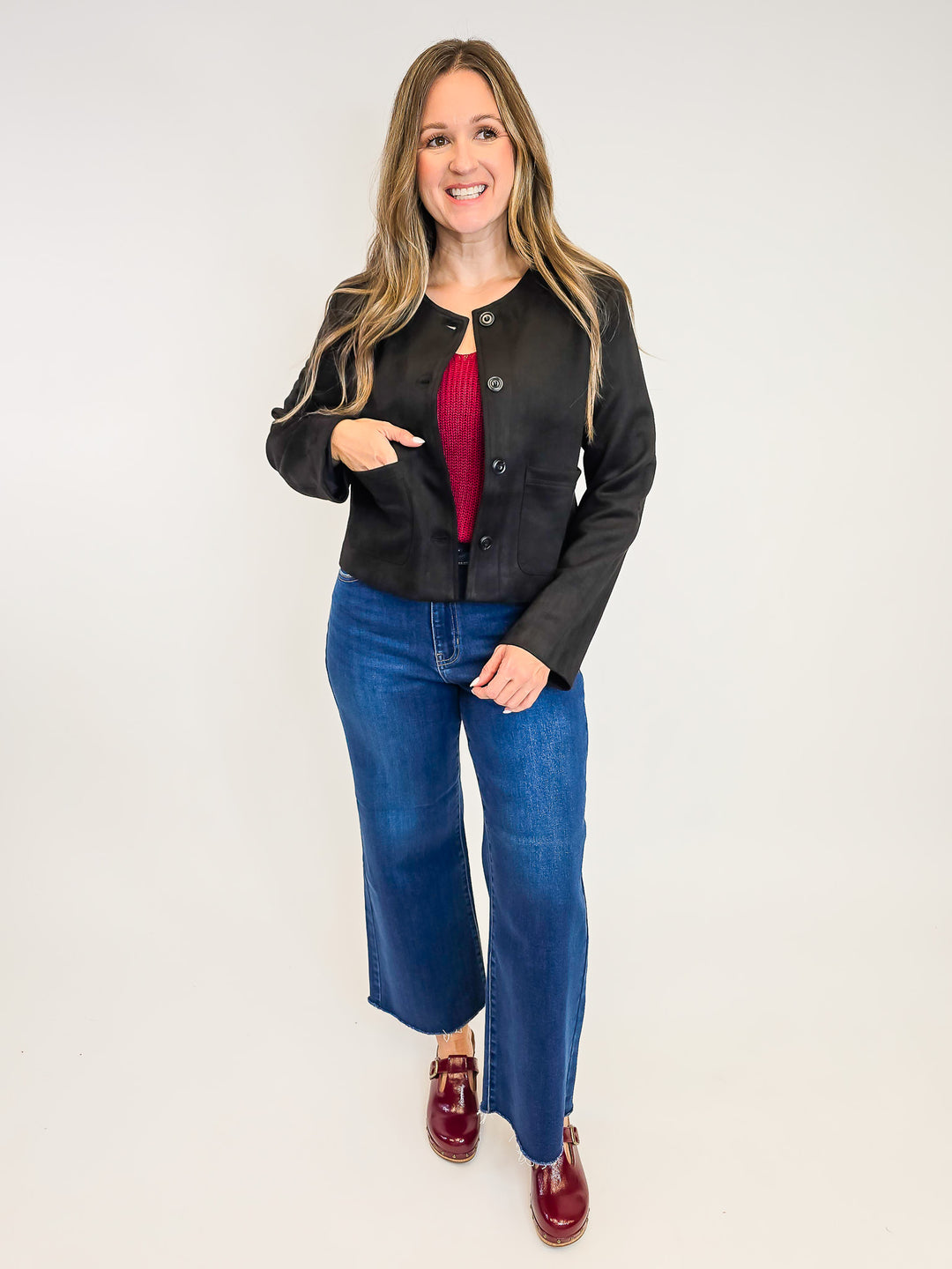 SUEDE BUTTON DOWN JACKET - BLACK