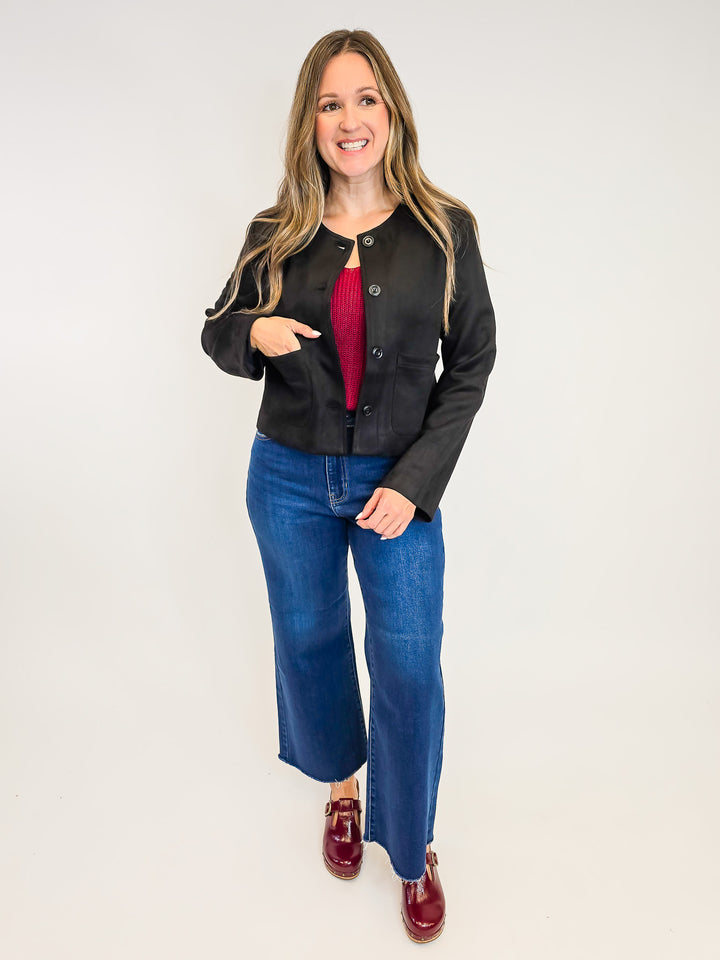 SUEDE BUTTON DOWN JACKET - BLACK