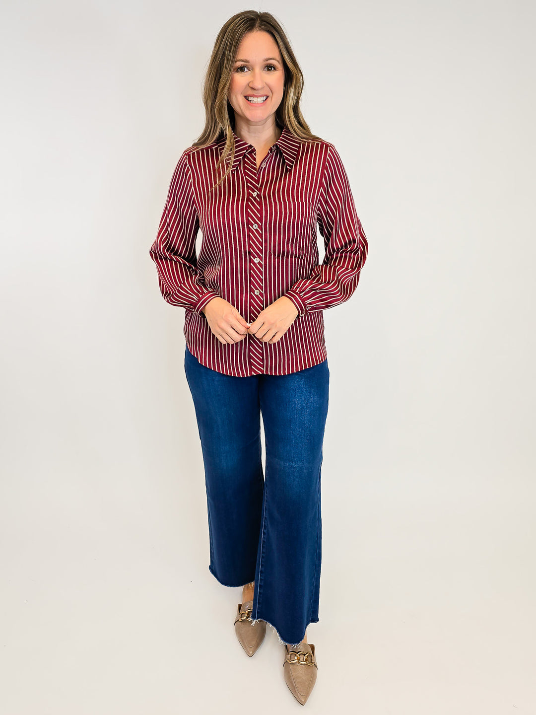 STRIPED BUTTON DOWN BLOUSE - BURGUNDY