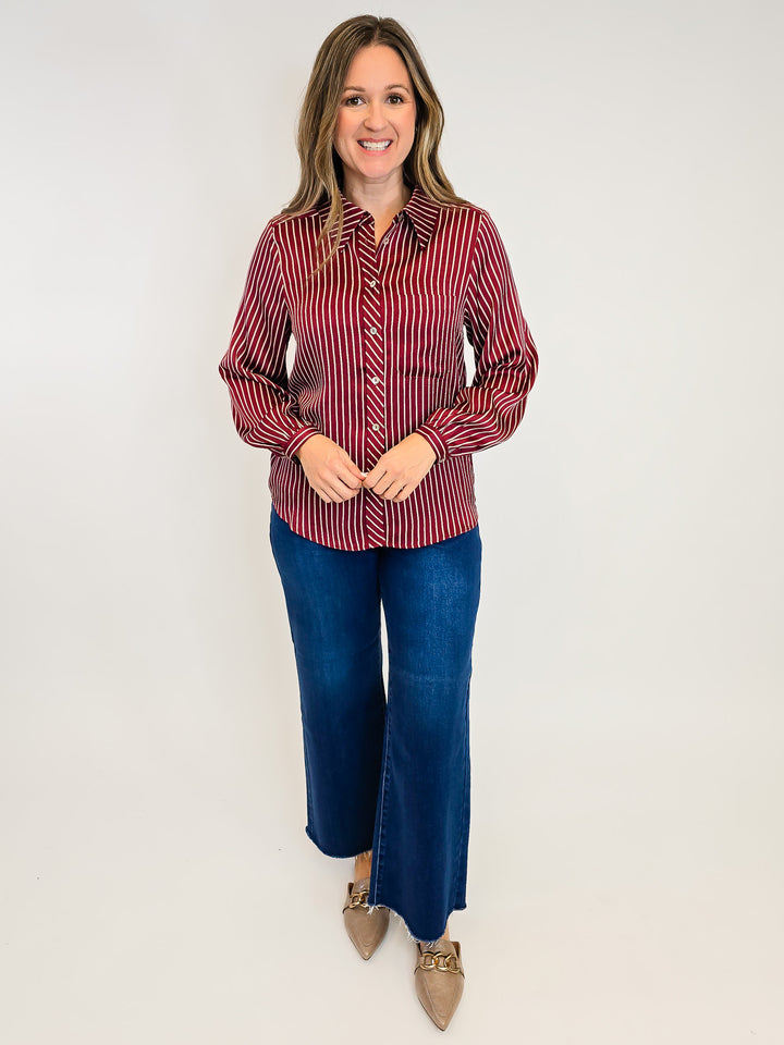 STRIPED BUTTON DOWN BLOUSE - BURGUNDY