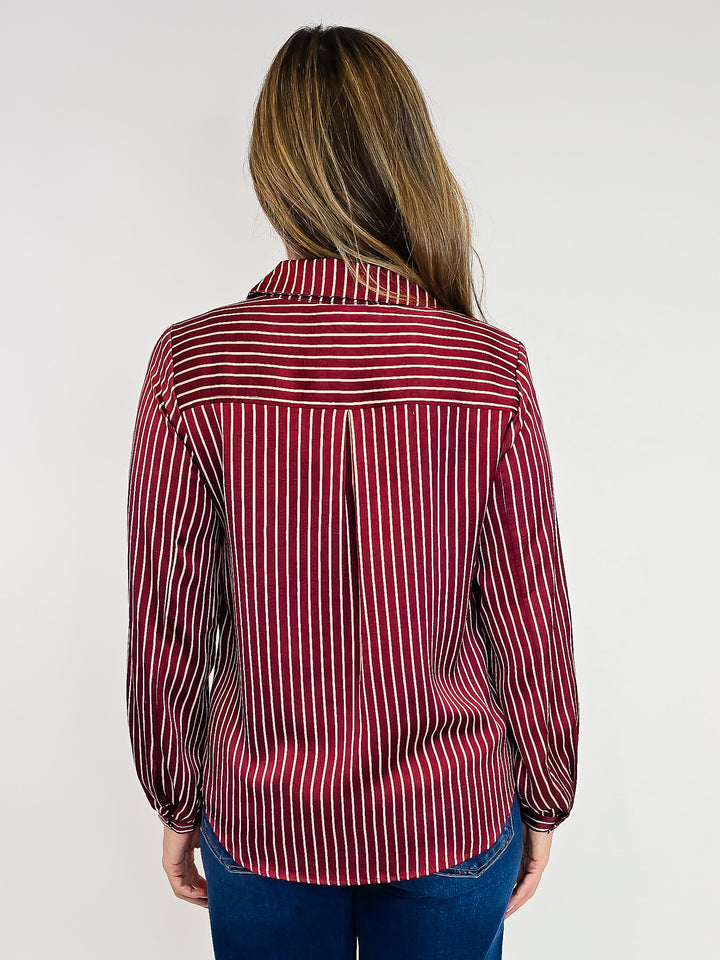 STRIPED BUTTON DOWN BLOUSE - BURGUNDY