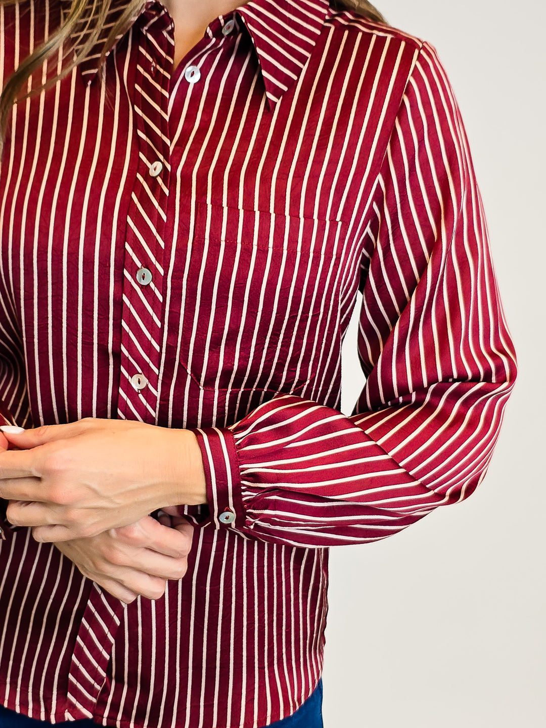 STRIPED BUTTON DOWN BLOUSE - BURGUNDY