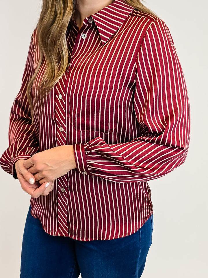 STRIPED BUTTON DOWN BLOUSE - BURGUNDY
