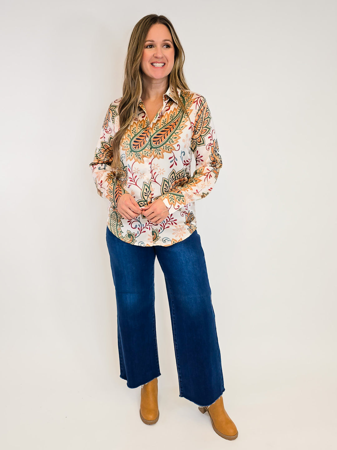 PAISLEY PRINT SILKY BUTTON DOWN BLOUSE - CHAMPAGNE