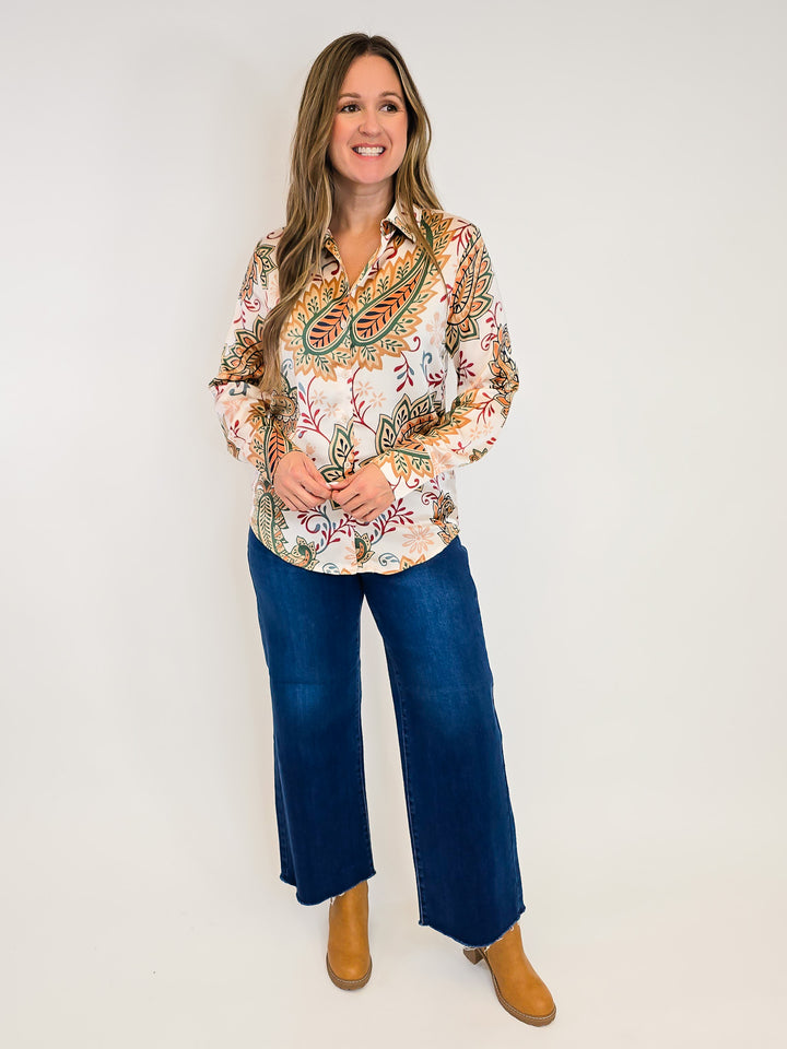 PAISLEY PRINT SILKY BUTTON DOWN BLOUSE - CHAMPAGNE