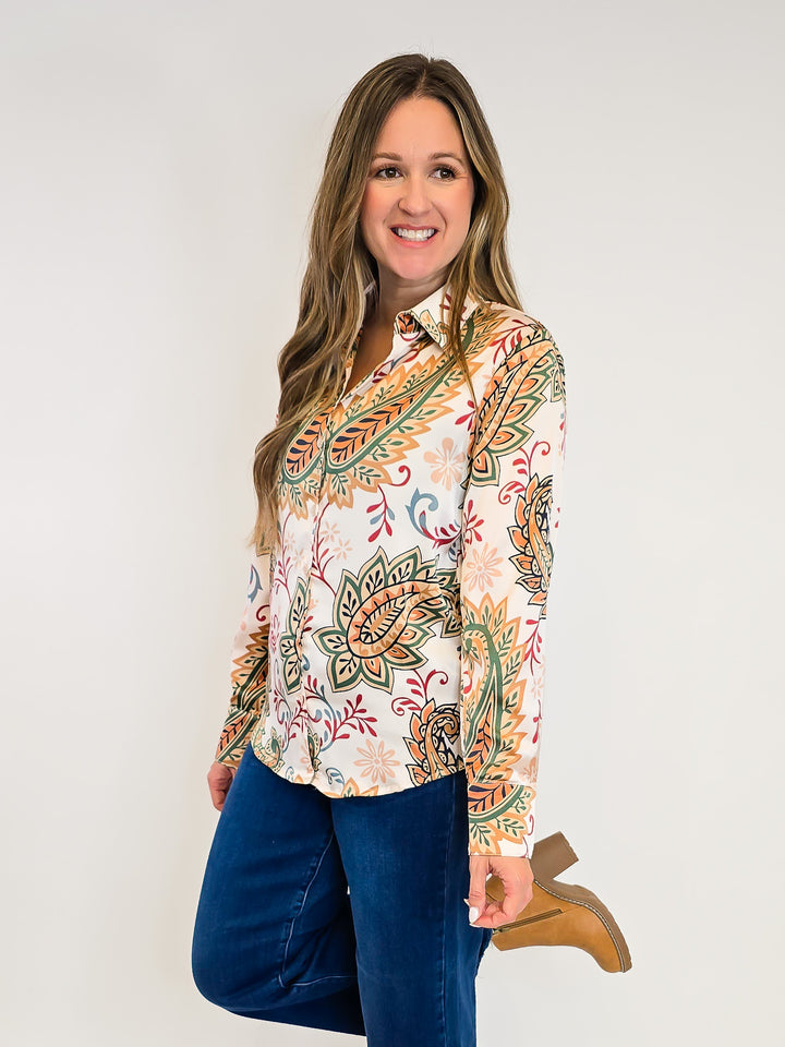 PAISLEY PRINT SILKY BUTTON DOWN BLOUSE - CHAMPAGNE