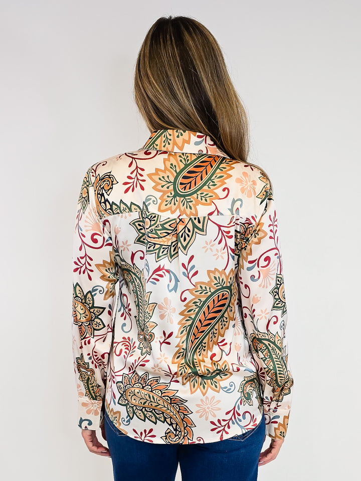 PAISLEY PRINT SILKY BUTTON DOWN BLOUSE - CHAMPAGNE