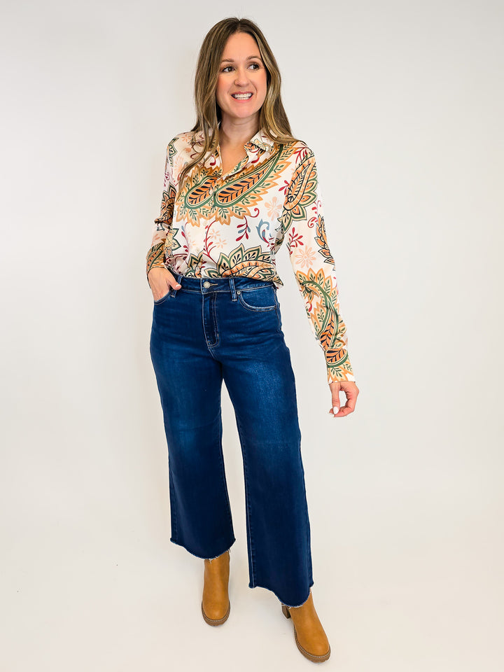 PAISLEY PRINT SILKY BUTTON DOWN BLOUSE - CHAMPAGNE