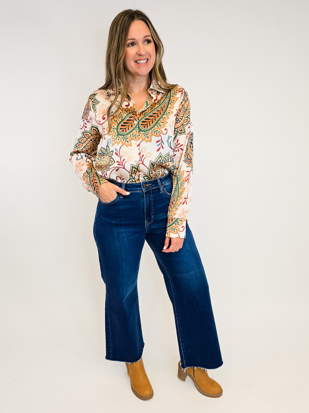 PAISLEY PRINT SILKY BUTTON DOWN BLOUSE - CHAMPAGNE