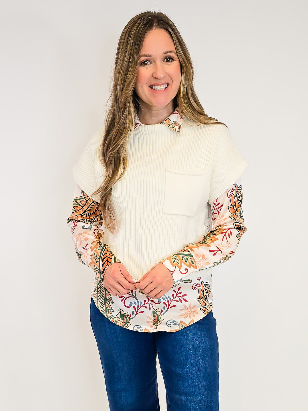PAISLEY PRINT SILKY BUTTON DOWN BLOUSE - CHAMPAGNE