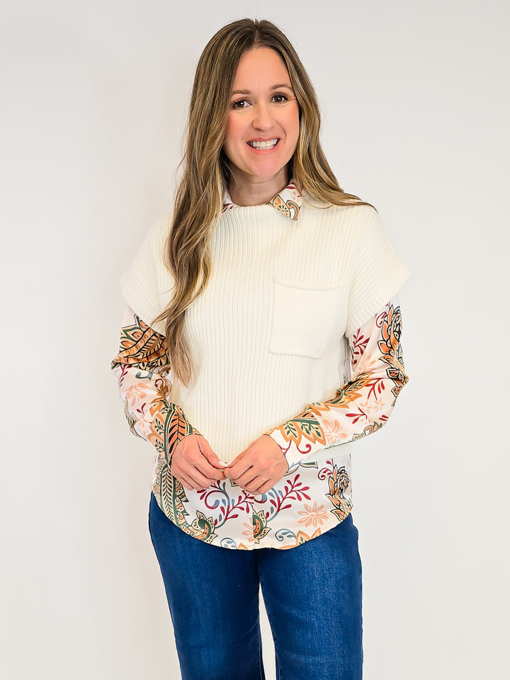 PAISLEY PRINT SILKY BUTTON DOWN BLOUSE - CHAMPAGNE