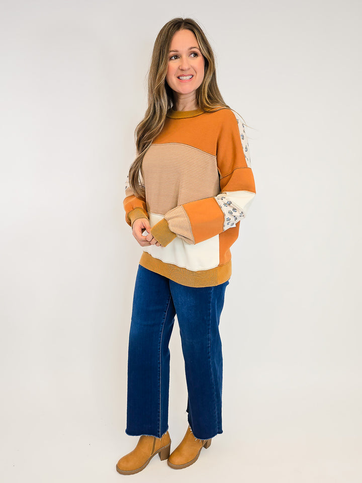 PRINT AND COLOR MIX WASHED TERRY PULLOVER - CAFE MOCHA