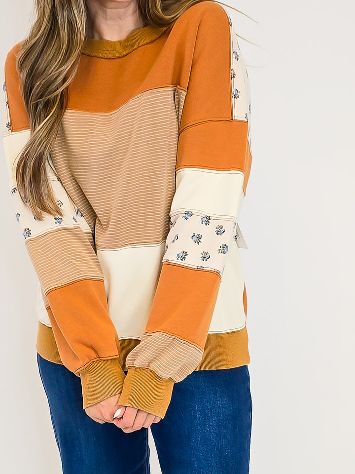 PRINT AND COLOR MIX WASHED TERRY PULLOVER - CAFE MOCHA