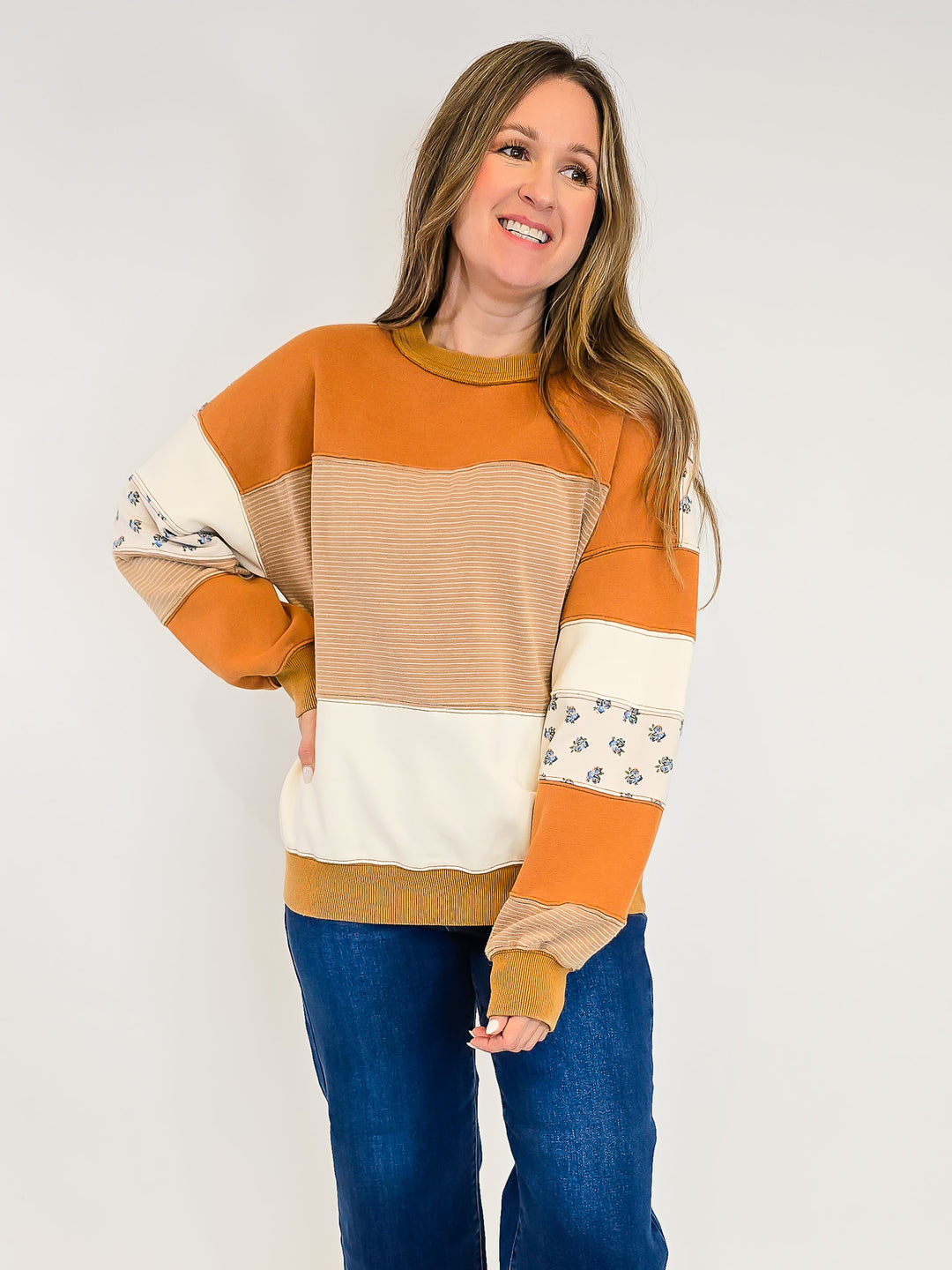 PRINT AND COLOR MIX WASHED TERRY PULLOVER - CAFE MOCHA