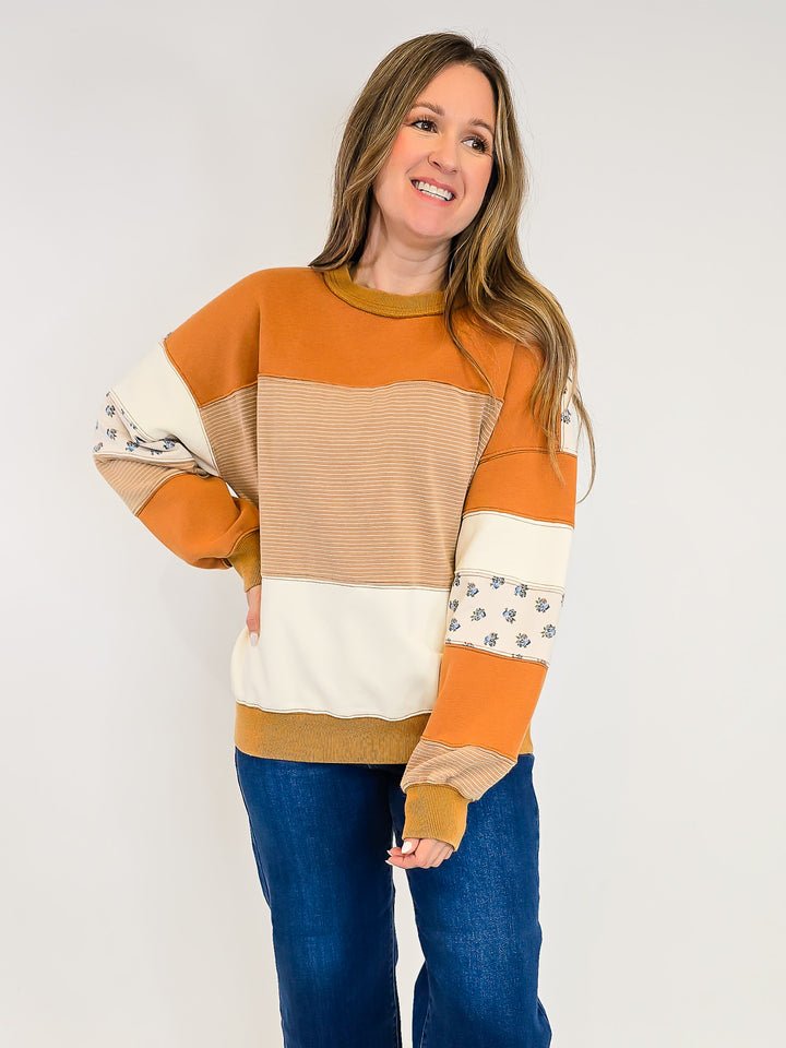 PRINT AND COLOR MIX WASHED TERRY PULLOVER - CAFE MOCHA