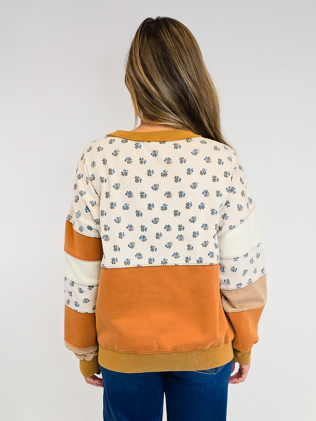 PRINT AND COLOR MIX WASHED TERRY PULLOVER - CAFE MOCHA