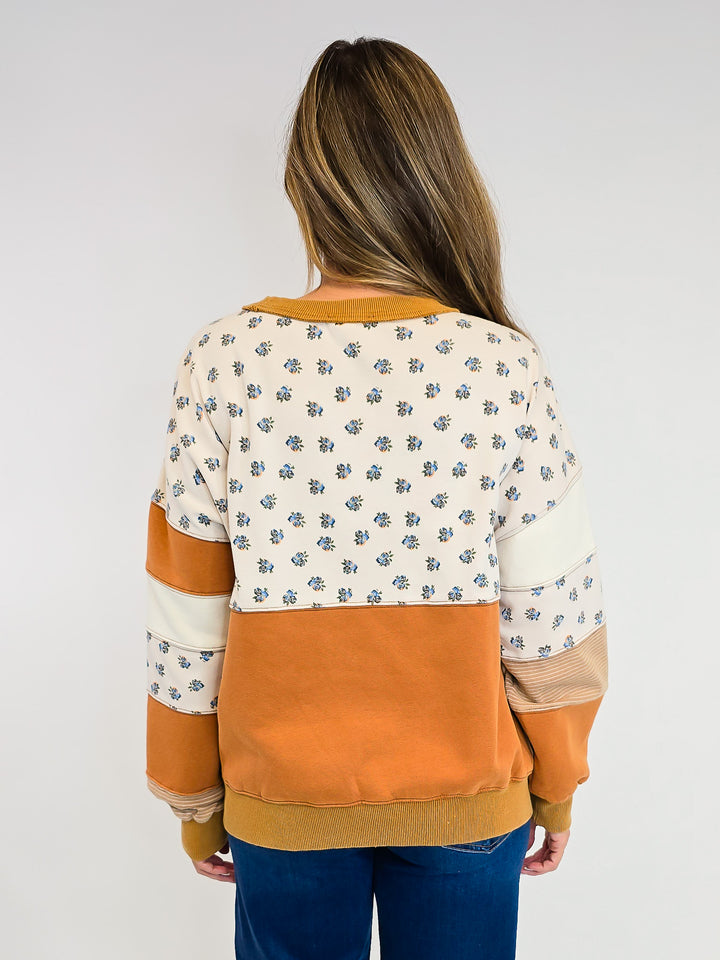 PRINT AND COLOR MIX WASHED TERRY PULLOVER - CAFE MOCHA