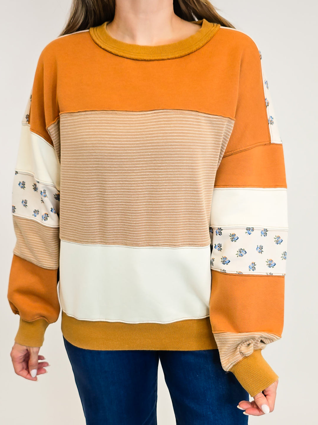 PRINT AND COLOR MIX WASHED TERRY PULLOVER - CAFE MOCHA