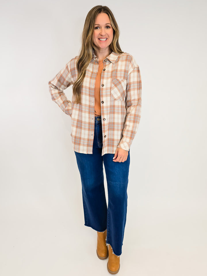 PLAID BUTTON DOWN SHIRT - CAMEL