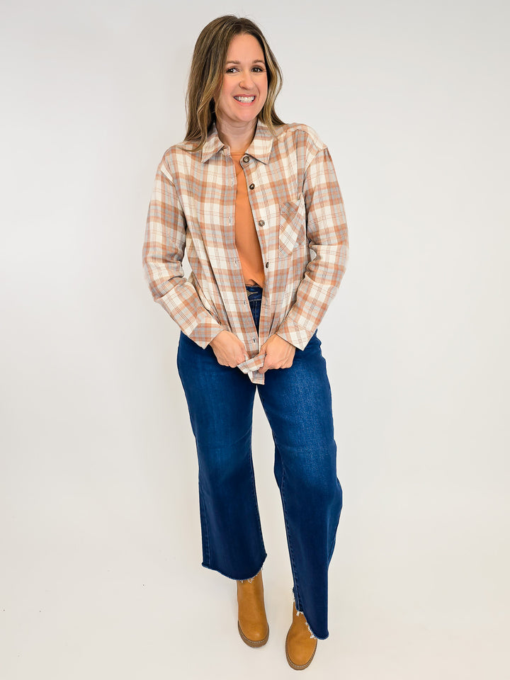 PLAID BUTTON DOWN SHIRT - CAMEL