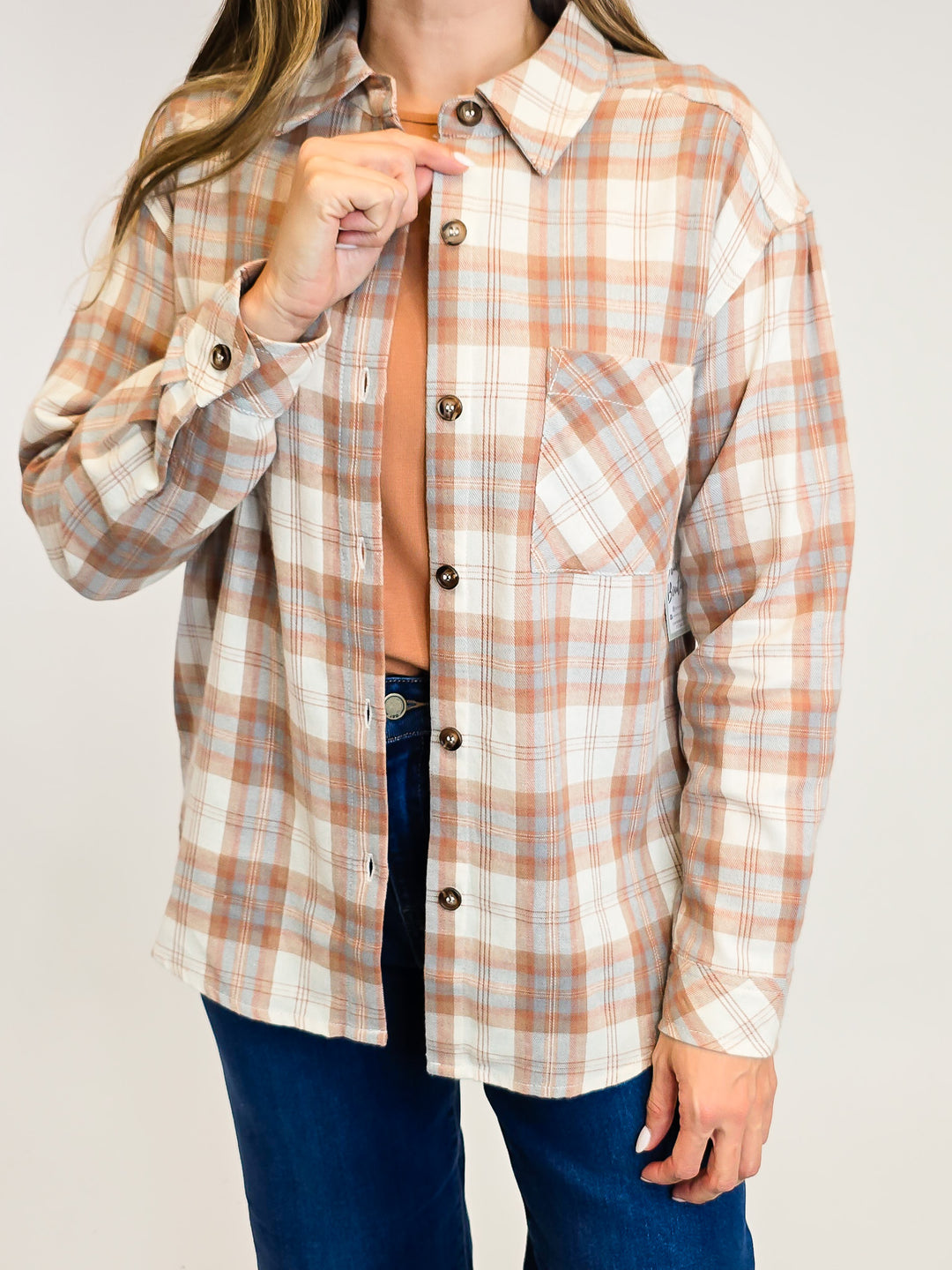 PLAID BUTTON DOWN SHIRT - CAMEL
